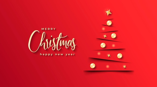 Elegant Chritmas Banner with minimalistic Christmas Tree and red background