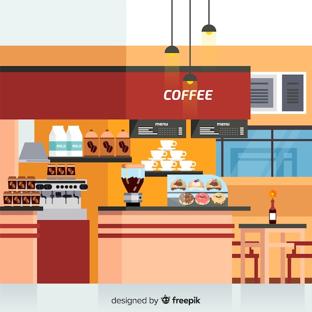 Free vector elegant coffee shop interior with flat design