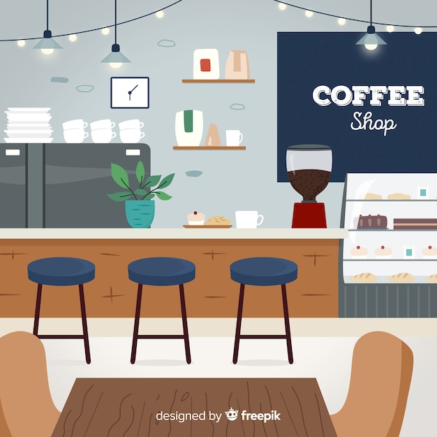 Free vector elegant coffee shop interior with flat design