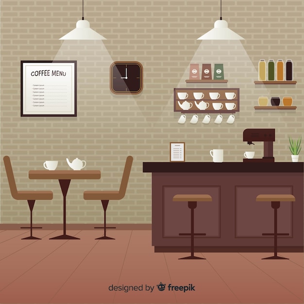 Free vector elegant coffee shop interior with flat design