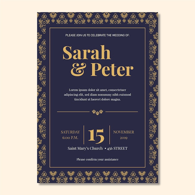 Elegant damask template wedding invitation