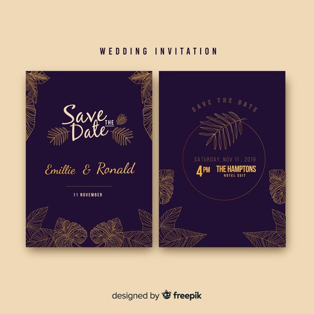 Elegant dark wedding invitation template with leaves