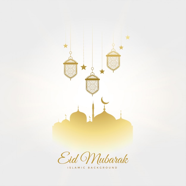 Elegant eid mubarak festival greeting with lamps and mosque