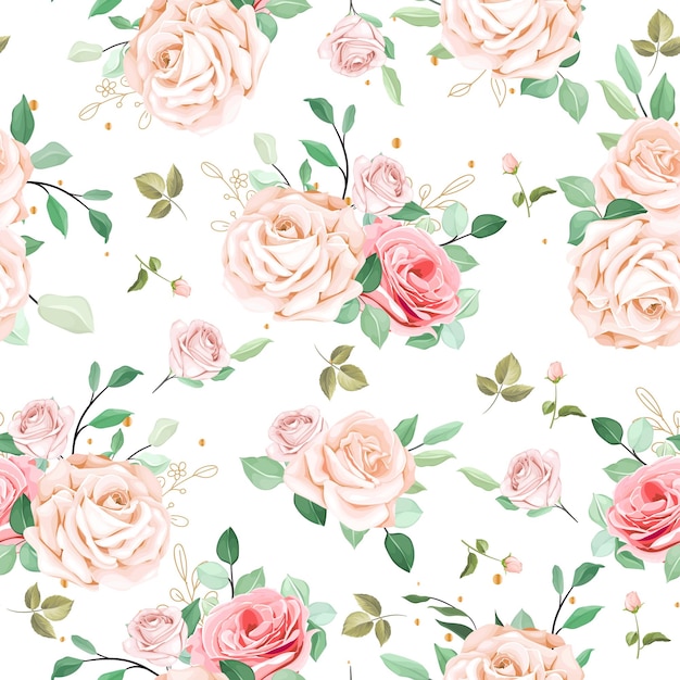 Free Vector elegant floral roses with green leaves seamless pattern