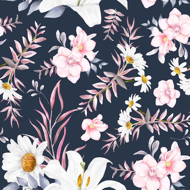 Free Vector elegant floral seamless pattern with beautiful flower and leaves watercolor