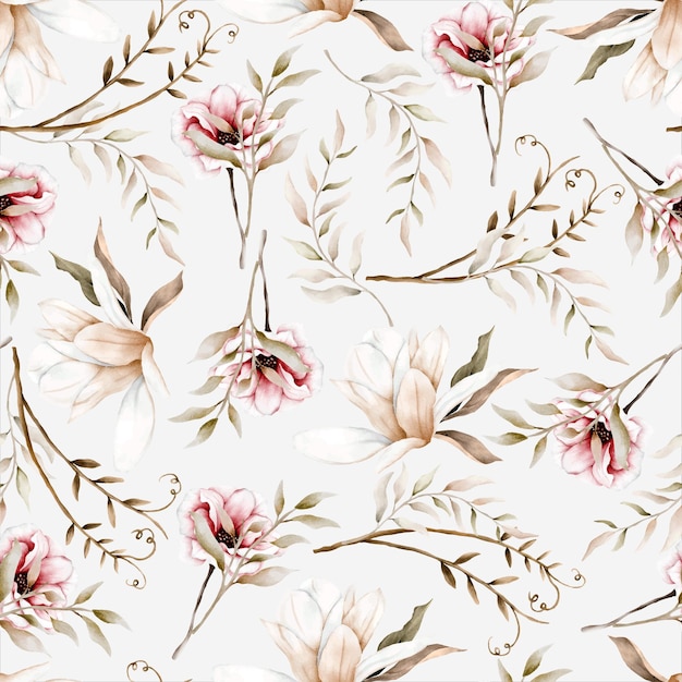 Free vector elegant floral seamless pattern with leaves watercolor ornament