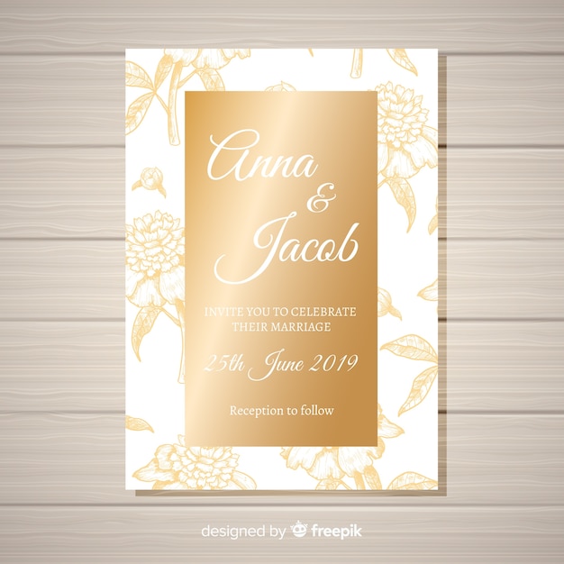 Elegant floral wedding invitation template with golden elements