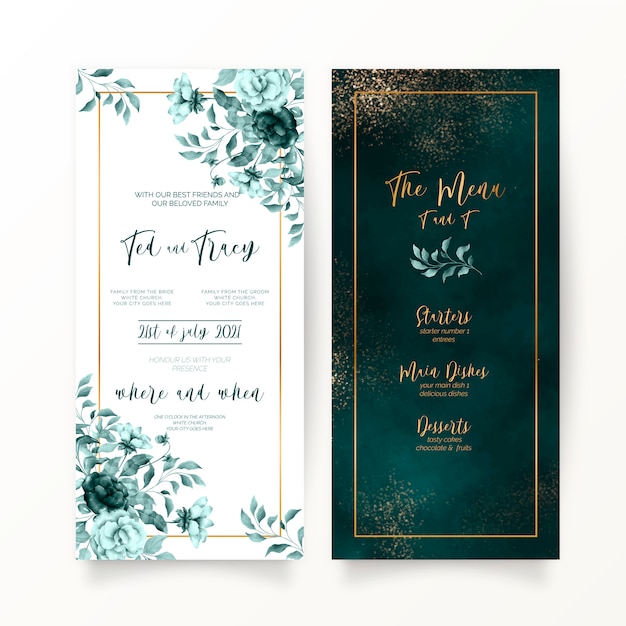 Free Vector elegant green floral and watercolor wedding stationery