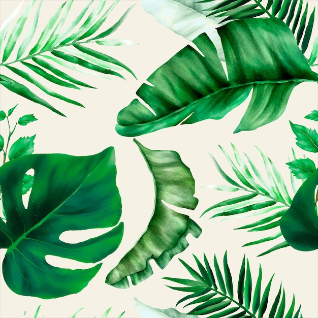 Elegant green tropical leaves watercolor seamless pattern