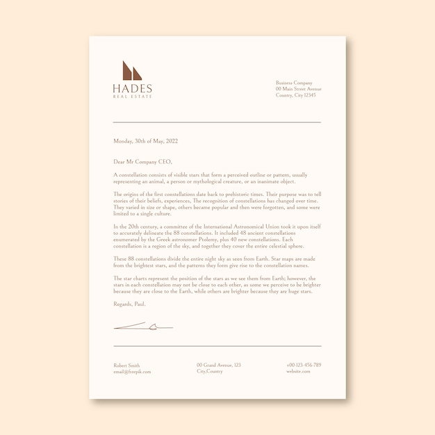 Elegant hades real estate letter