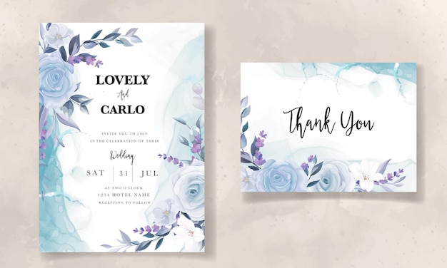 elegant hand drawing ice blue floral wedding invitation card