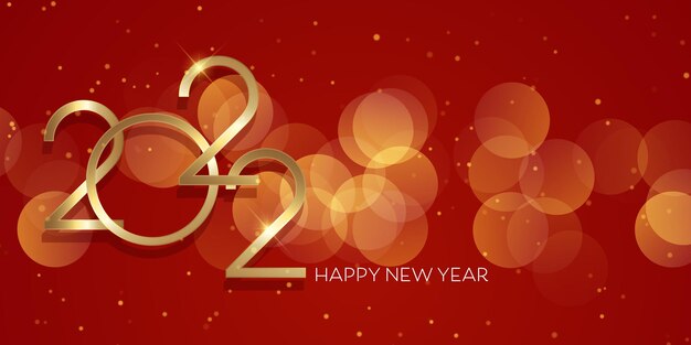 Elegant Happy New Year banner design with gold lettering and bokeh lights