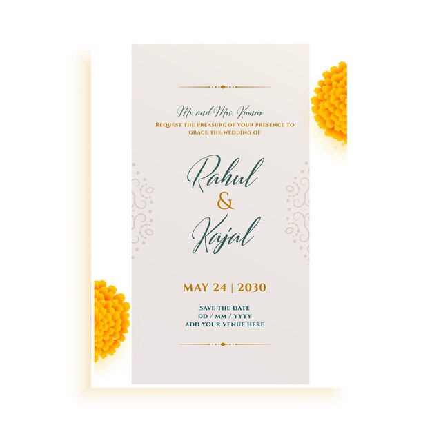 Elegant indian wedding card in white theme with flower