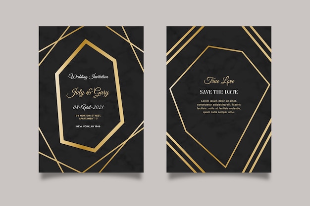 Elegant marble wedding invitation template with golden details