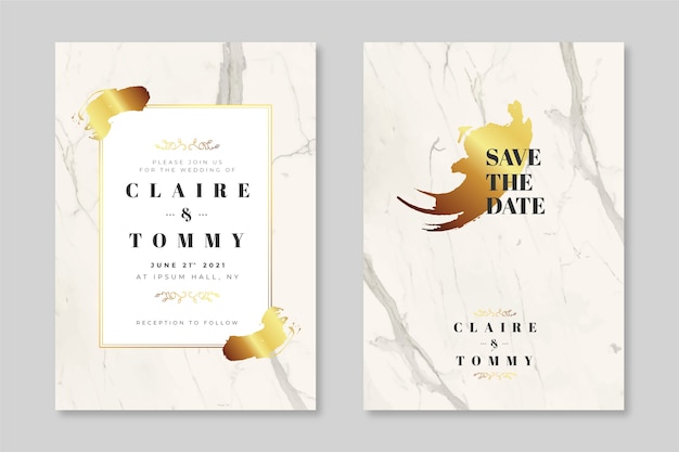 Elegant marble wedding invitation template with golden details