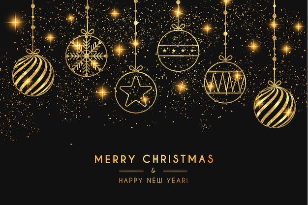 Elegant Merry Christmas Background with Golden Balls