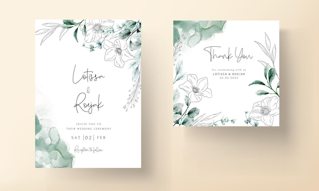 elegant minimal flower with watercolor wedding card template