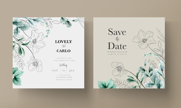 Free vector elegant minimal flower with watercolor wedding card template