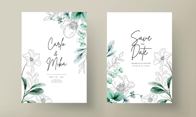 Free Vector elegant minimal flower with watercolor wedding card template