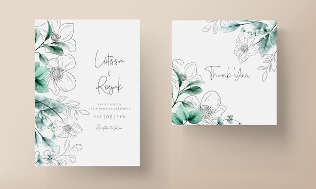 elegant minimal flower with watercolor wedding card template