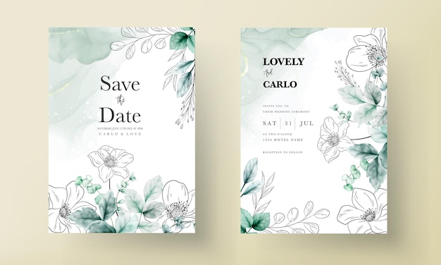 Free vector elegant minimal flower with watercolor wedding card template