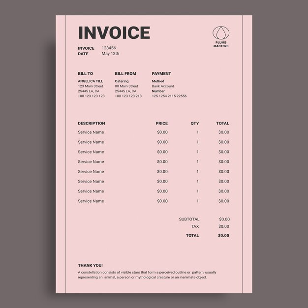 Elegant minimalist plumb masters invoice