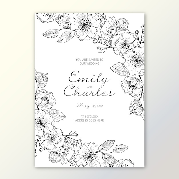 Elegant minimalistic floral wedding invitation template