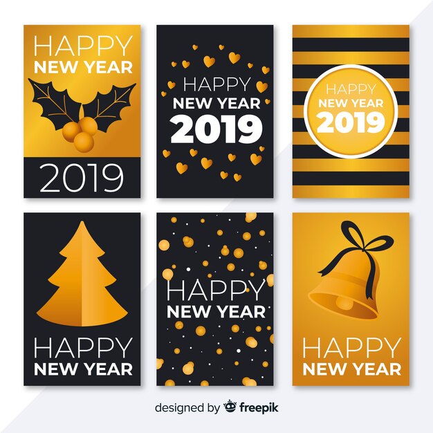 Free Vector elegant new year 2019 card collection with golden style