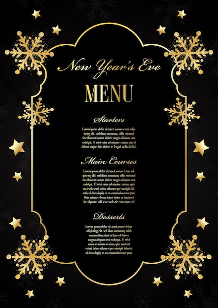 Elegant New Years Eve menu with glittery snowflake design