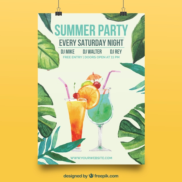 Free Vector elegant poster with summer party watercolor leaves