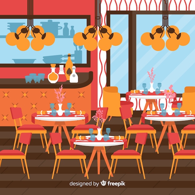 Free vector elegant restaurant interior with flat design