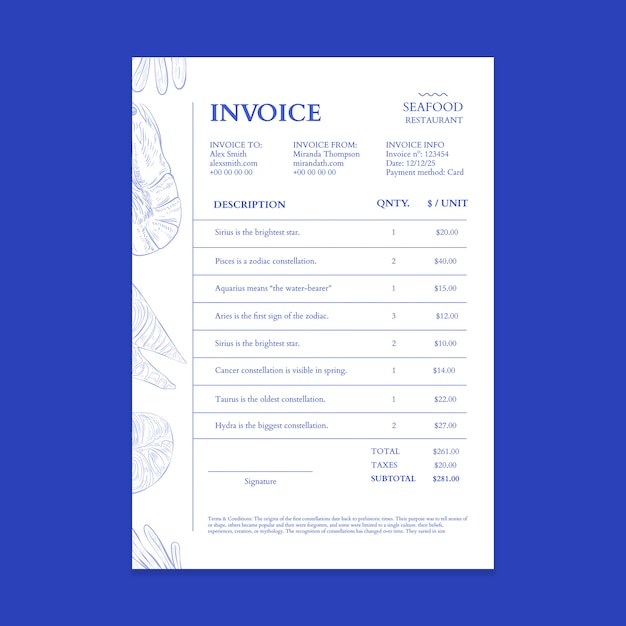 Free Vector elegant seafood restaurant invoice