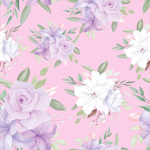 elegant seamless pattern with beautiful white and purple flowers and leaves