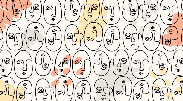 Elegant Seamless Pattern with one line drawn faces