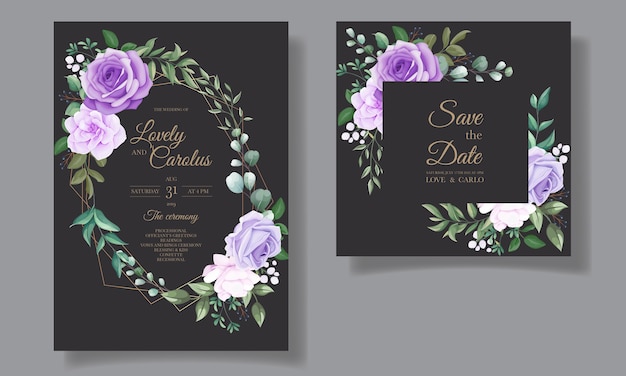 Elegant set of wedding invitation cards with beautiful purple floral