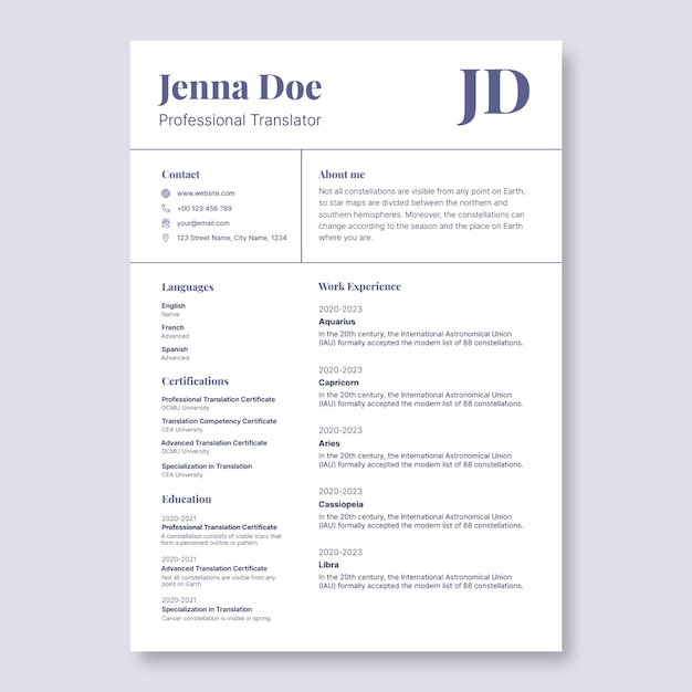 Elegant translator resume