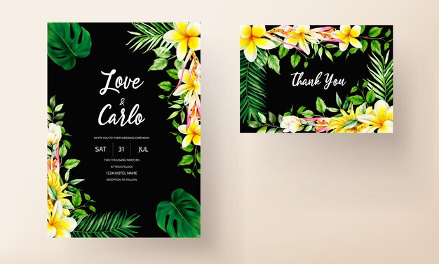 elegant tropical flower and leaves wedding invitation card