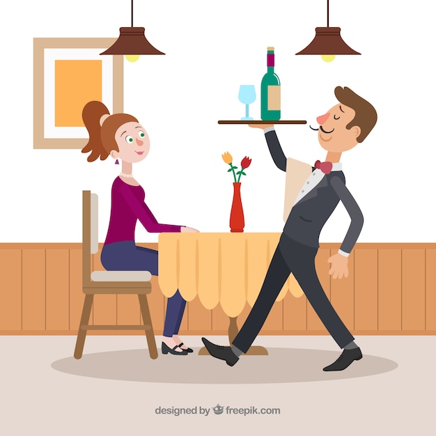 Elegant waiter serving wine with flat design