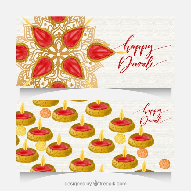 Free vector elegant watercolor banners of happy diwali