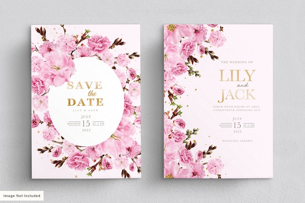 elegant watercolor cherry blossom wedding invitation card set