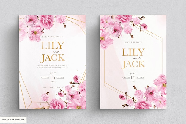 elegant watercolor cherry blossom wedding invitation card set