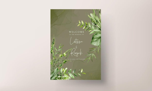 elegant watercolor greenery grass and leaves wedding invitation card set template