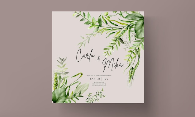 elegant watercolor greenery grass and leaves wedding invitation card set template