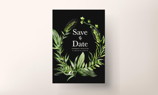 elegant watercolor greenery grass and leaves wedding invitation card set template