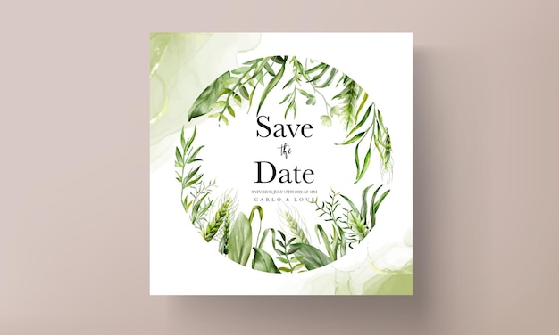 Free vector elegant watercolor greenery grass and leaves wedding invitation card set template