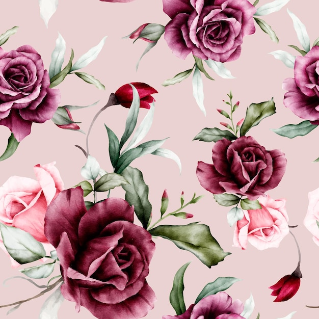 elegant watercolor maroon roses flower seamless pattern