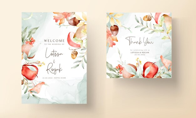 elegant watercolor wedding invitation card with red apple, nut and mushroom