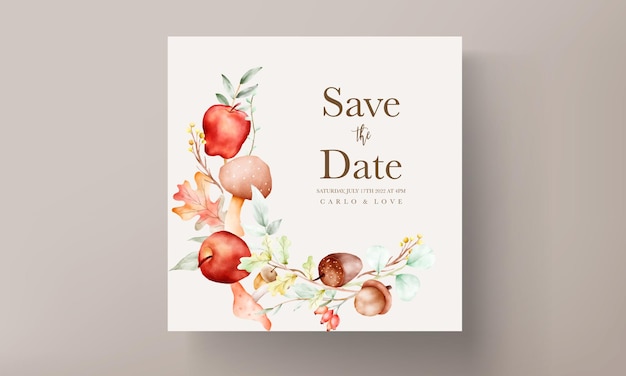 elegant watercolor wedding invitation card with red apple, nut and mushroom