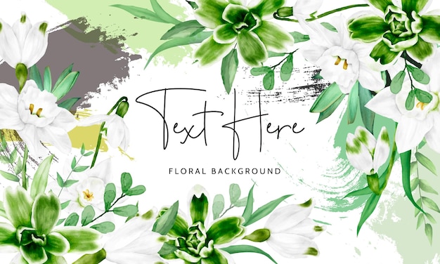 Free vector elegant watercolor white flower and green leaves floral background