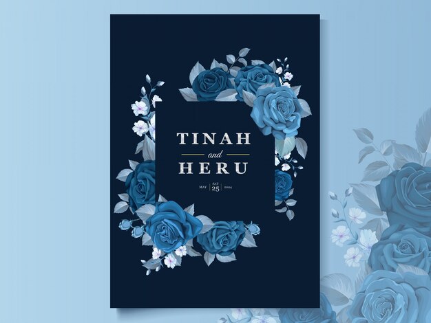 Elegant wedding card template with classic blue floral and leaves